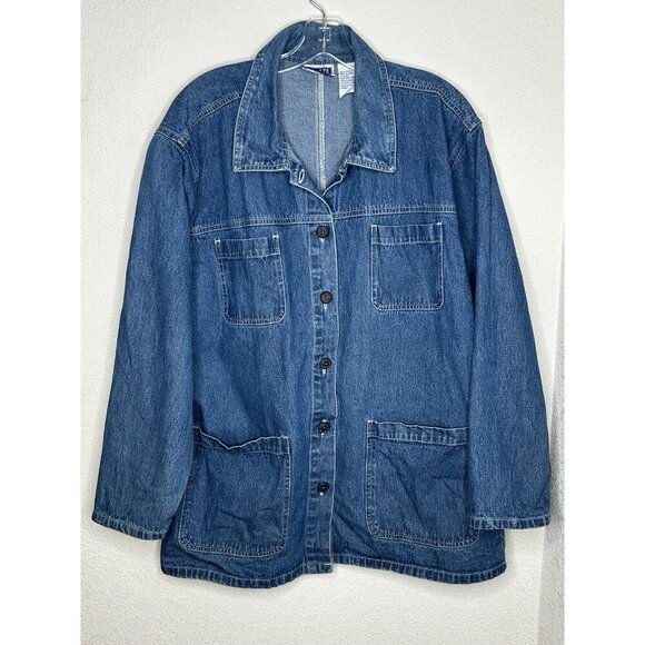 Erika & Co Jacket Womens Large Denim Button Front Utility Chore Pockets Vintage - Picture 1 of 11
